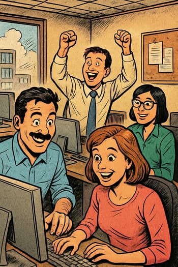 comicbook a small office team of workers happily and eagerly working at computer screens-1